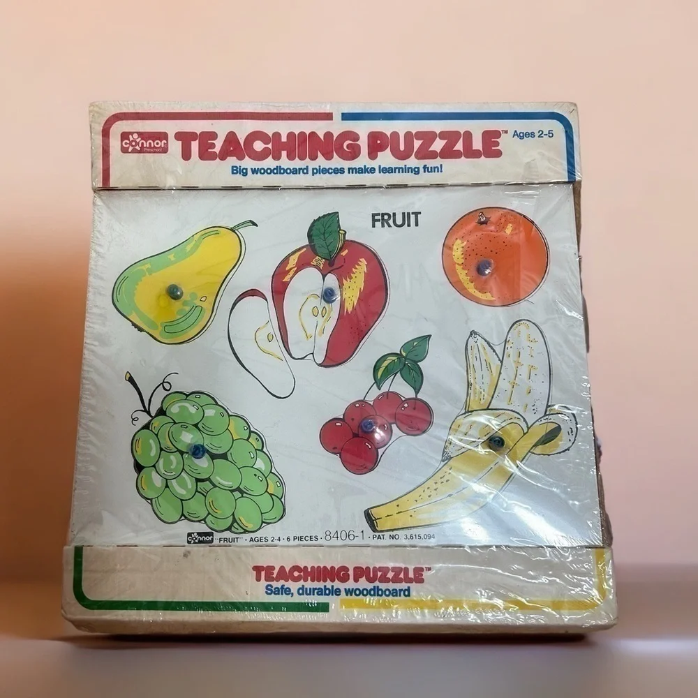 Vintage Learning Puzzle NEW Fruit Teaching Wooden Peg Pieces Baby